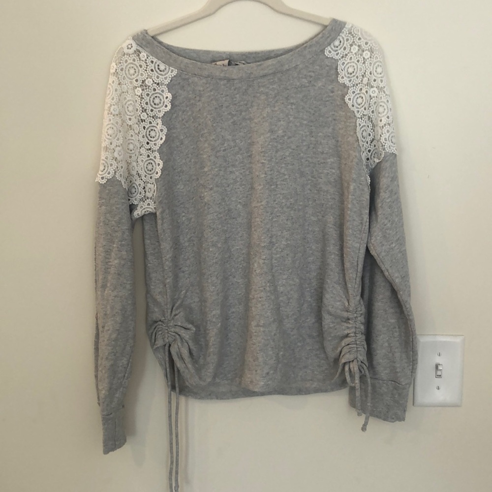Grey sweater with lace shoulder detailing